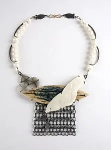 Jewellery Exhibition: Zoe Arnold, Autumn Rain necklace. oxidised silver, mammoth ivory, faceted agate, porcelain bird, faceted pearls, 18ct gold