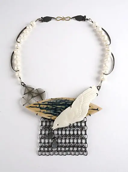 Jewellery Exhibition: Zoe Arnold, Autumn Rain necklace. oxidised silver, mammoth ivory, faceted agate, porcelain bird, faceted pearls, 18ct gold