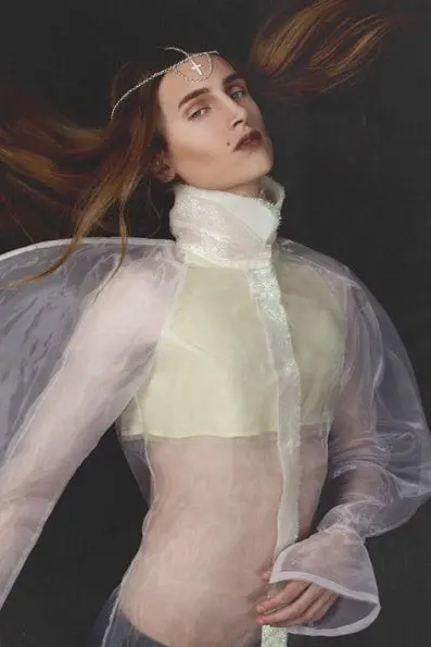 Shirt by Fangwen Xu; Headpiece by Ivory Jar