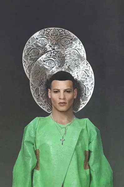 Dress by Katharina Domokosch; Neckpieces worn on head by Yuanzi Wang; Necklaces by Ivory Jar