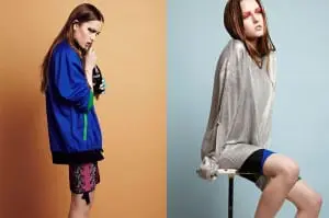 Sports fashion photography: Left: jacket Ismini Krassimenou, dress M Missoni, adornment Kinesio Tape. Right: silver sweater Shaun Sampson, shorts Ismini Krassimenou