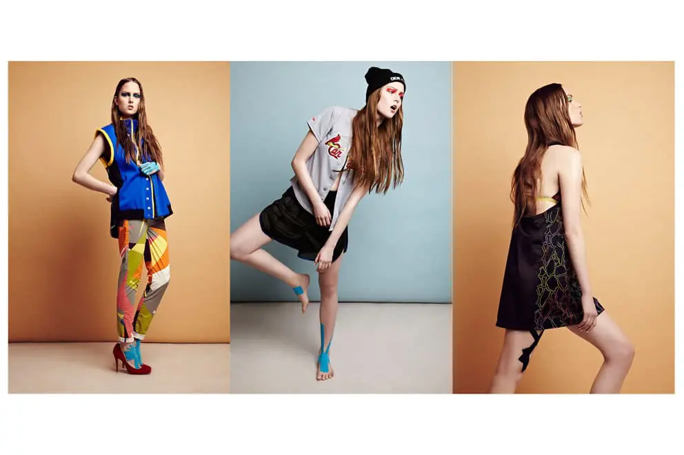 Sports fashion photography: Left: gilet Ismini Krassimenou, jeans 7 For All Mankind, adornment Kinesio Tape. Middle: hat Shaun Sampson, top vintage St Louis Cardinals, shorts Ema Ranger, adornment Kinesio Tape. Right: vest Ema Ranger, adornment Kinesio Tape