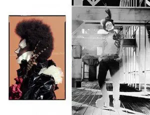 Left: jacket by H&M, folded collar by Niels Brinkman, flower corsage Stylist’s Own; Right: leather armor by Niels Brinkman, jeans by Annebel de Kok, shoes by Annebel de Kok, hat by Ca4 | a, flower corsage + feathers Stylist’s Own, belt by Zipper Amsterdam