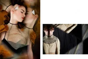 Schall & Schnabel Shoot: LEFT: top KATHLYN MARIE, shoulder piece LOUISE FRIEDLANDER, necklace MARIA BLACK. RIGHT: Dino suit STUDIO LAEND PHUENGKIT, sweater JULIAN ZIGERLI, accessories ATELIER LORAND LAJOS