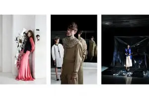 Schall & Schnabel Shoot: LEFT: as before. MIDDLE: Dino as before. RIGHT blouse ISSEVER BAHRI, sweater JULIA HEUSE, waistcoat LOUISE FRIEDLANDER, skirt stylist own, accessories BJORG, shoes stylist own