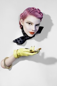 Surreal fashion photography: scarf by Miu Miu, gloves by Corder (customised by stylist), bracelets by Lulu Frost