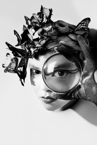 Surreal fashion photography: butterfly mask by Natasha Lawes, gloves by Corder