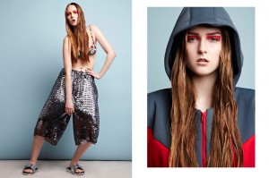 Sports fashion photography: Left: bra vintage Dolce & Gabbana, sequin shorts Shaun Sampson, sandals adidas vs Shaun Sampson. Right: coat Hildur Mist