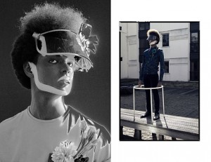 Left: t-shirt by Kevin Lam, flower corsage + sunshade by Stylist’s Own; Right: shirt by Niels Brinkman, trousers by Niels Brinkman, shoes by Hugo Boss, flower corsage / sunshade Stylist’s Own
