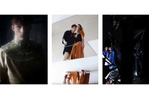 Schall & Schnabel Shoot: LEFT: tank top AUGUST, shorts VLADIMIR KARALEEV, trench coat SOULLAND, shoes BALLY. MIDDLE: Dino as before; Rosalie wears top KATHLYN MARIE, shoulder piece & trousers LOUISE FRIEDLANDER, necklace MARIA BLACK, shoes MAISON MARTIN MARGIELA
