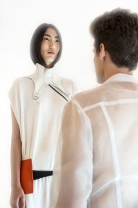 Je t'aime by Taner Tumkaya: Mark wears white sheer collar shirt by Genevieve Clifford. Anita wears white shirt dress, necklace and orange & black belt by Harold Kensington, white neck panel by Mother of London