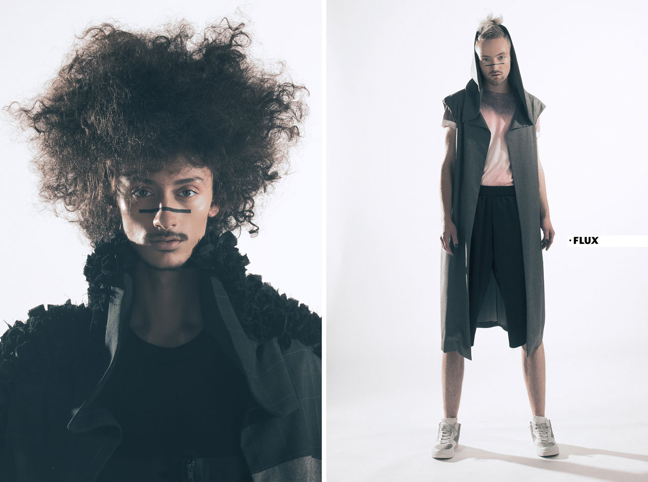 LEFT: RUYCHI wears grey jacket with check print and details by Merel Weijgers, black short sleeve sweatshirt with zipper River Island. RIGHT: NICO wears grey sleeveless hoodie by Merel Weijgers, pink t-shirt with faded paint print by River Island, black oversized shorts by Tamara van Klooster, white sneakers by Merel Weijgers.